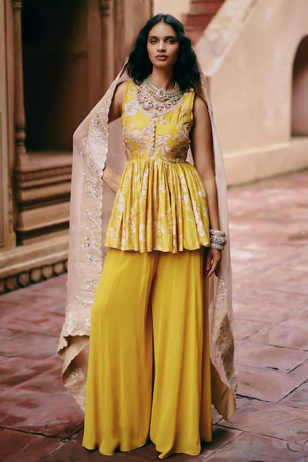 Paulmi and Harsh Yellow Top Chiniya Silk Printed Roop Bird Flip V Floral Peplum And Palazzo Set 