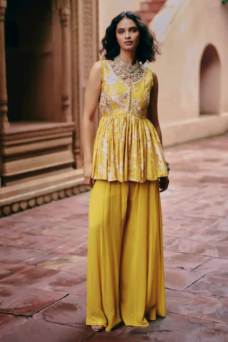 Buy Yellow Silk, Georgette Embroidery V-neck Floral Print