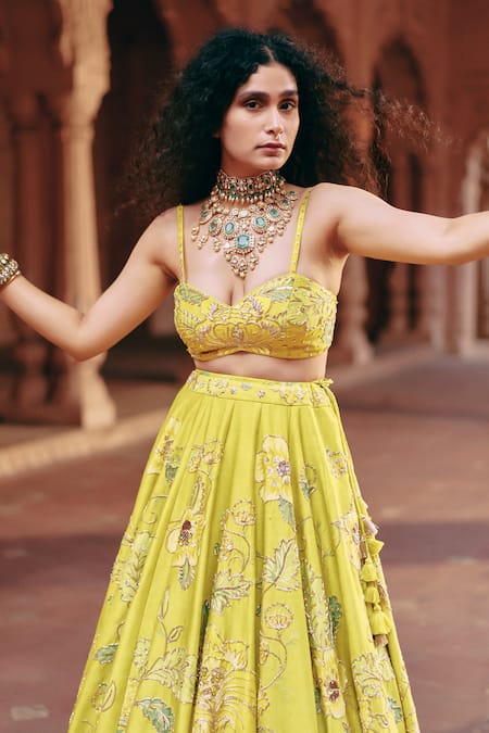 Buy_Paulmi And Harsh_Yellow Chanderi, Organza, Satin, Silk Embroidery Floral Chintz Print Lehenga Set _Online_at_Aza_Fashions