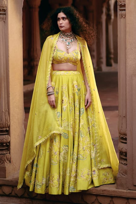 Shop_Paulmi And Harsh_Yellow Chanderi, Organza, Satin, Silk Embroidery Floral Chintz Print Lehenga Set _Online_at_Aza_Fashions