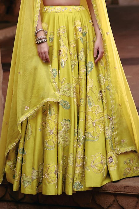 Paulmi And Harsh_Yellow Chanderi, Organza, Satin, Silk Embroidery Floral Chintz Print Lehenga Set _at_Aza_Fashions