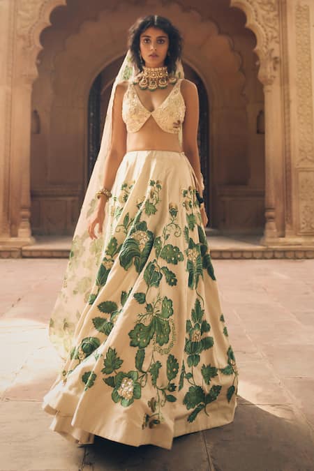 Paulmi and Harsh Ivory Lehenga And Blouse Chiniya Printed Tropical Plunge V Neck Set 