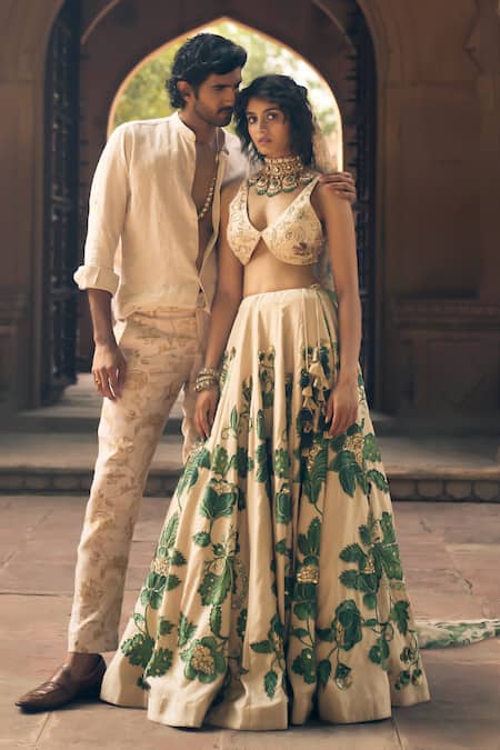 Paulmi And Harsh_Ivory Satin, Chanderi, Organza Sequins, Zari, Tropical Print Lehenga Set _Online_at_Aza_Fashions