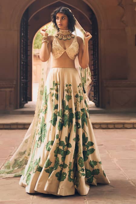 Buy_Paulmi And Harsh_Ivory Satin, Chanderi, Organza Sequins, Zari, Tropical Print Lehenga Set _Online_at_Aza_Fashions
