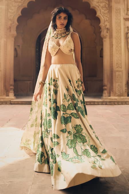 Paulmi And Harsh_Ivory Satin, Chanderi, Organza Sequins, Zari, Tropical Print Lehenga Set _at_Aza_Fashions