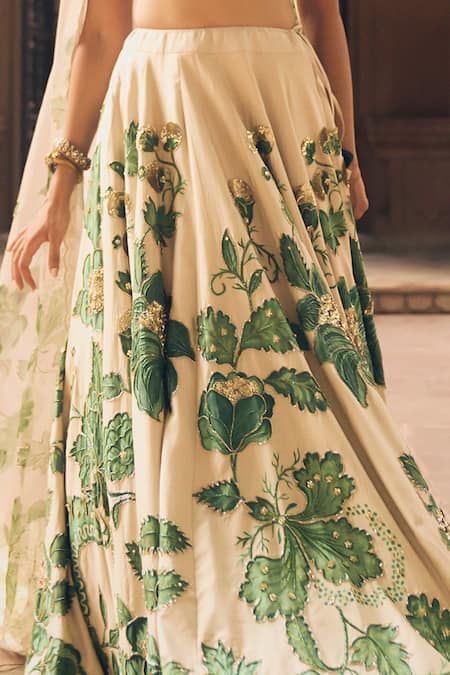 Buy_Paulmi And Harsh_Ivory Satin, Chanderi, Organza Sequins, Zari, Tropical Print Lehenga Set 
