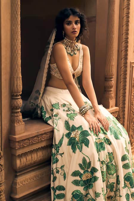 Shop_Paulmi And Harsh_Ivory Satin, Chanderi, Organza Sequins, Zari, Tropical Print Lehenga Set 