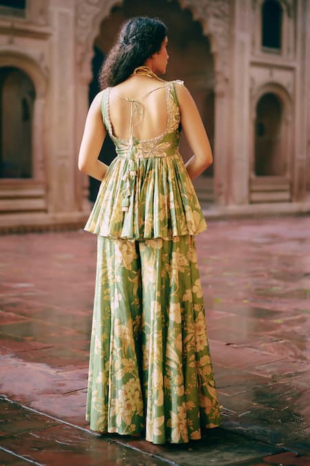 Shop Paulmi And Harsh Green Chanderi Silk, Lace Embroidery V-neck Bird Print Peplum Top And Palazzo Set at Aza Fashions Shop_Paulmi And Harsh_Green Chanderi Silk, Lace Embroidery V-neck Bird Print Peplum Top And Palazzo Set _at_Aza_Fashions