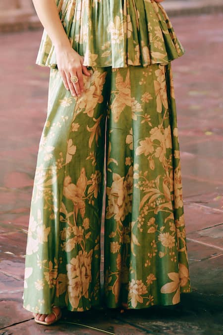 Paulmi And Harsh Green Chanderi Silk, Lace Embroidery V-neck Bird Print Peplum Top And Palazzo Set Online at Aza Fashions Paulmi And Harsh_Green Chanderi Silk, Lace Embroidery V-neck Bird Print Peplum Top And Palazzo Set _Online_at_Aza_Fashions