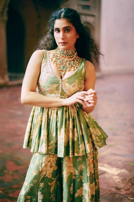 Buy Paulmi And Harsh Green Chanderi Silk, Lace Embroidery V-neck Bird Print Peplum Top And Palazzo Set Online at Aza Fashions Buy_Paulmi And Harsh_Green Chanderi Silk, Lace Embroidery V-neck Bird Print Peplum Top And Palazzo Set _Online_at_Aza_Fashions