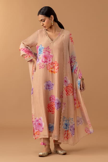 Juanita by Shubhda Pink Chanderi Printed Florette V Neck Kurta Pant Set