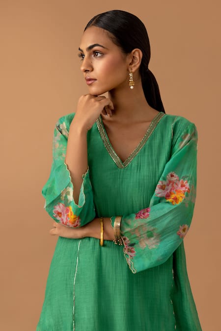 Shop Juanita By Shubhda Green Chanderi Embroidery, Zari V-neck Floral Sleeve Printed Kurta Set Online at Aza Fashions Shop_Juanita By Shubhda_Green Chanderi Embroidery, Zari V-neck Floral Sleeve Printed Kurta Set_Online_at_Aza_Fashions