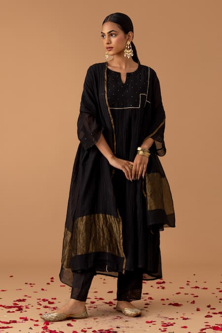 Juanita by Shubhda Black Handwoven Chanderi Embroidery Mukaish Notched Kurta Set