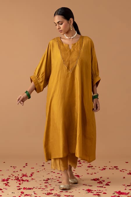 Juanita by Shubhda Yellow Silk Embroidery Cutdana Notched Placement Kaftan And Pant Set