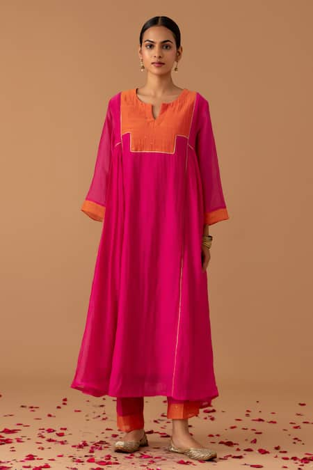 Juanita by Shubhda Pink Handwoven Chanderi Embroidery Gota Notched Yoke Kurta Set