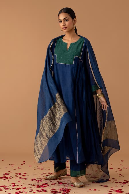 Juanita by Shubhda Blue Handwoven Chanderi Embroidery Mukaish Notched Yoke Kurta Set 