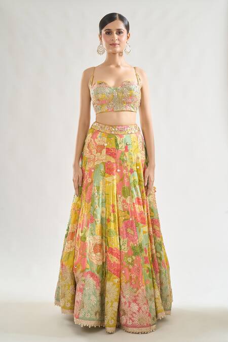 Buy Gopi Vaid Multi Color Chiffon, Net Sequins, Sumaira Floral Print Panelled Lehenga Set Online at Aza Fashions Buy_Gopi Vaid_Multi Color Chiffon, Net Sequins, Sumaira Floral Print Panelled Lehenga Set _Online_at_Aza_Fashions