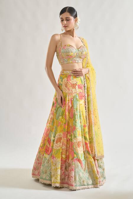 Shop Gopi Vaid Multi Color Chiffon, Net Sequins, Sumaira Floral Print Panelled Lehenga Set Online at Aza Fashions Shop_Gopi Vaid_Multi Color Chiffon, Net Sequins, Sumaira Floral Print Panelled Lehenga Set _Online_at_Aza_Fashions