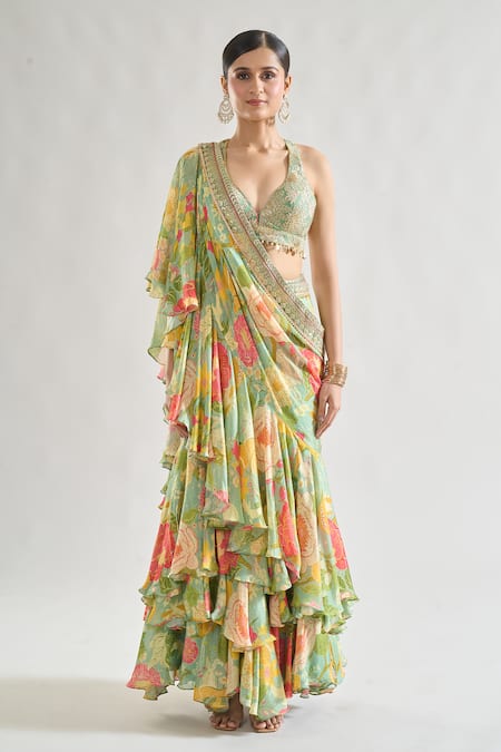 Gopi Vaid_Green Chiffon Sequins, Zari Disha Printed Pre-draped Saree With Blouse _at_Aza_Fashions