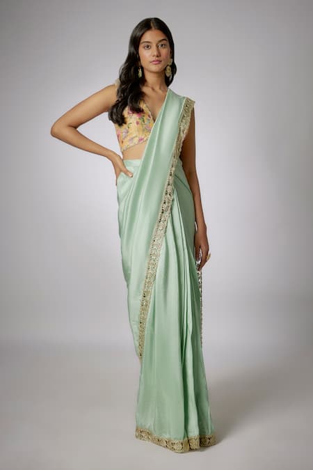 Payal Singhal Blue Lurex Print Floral V Neck Pre-draped Saree With Blouse 