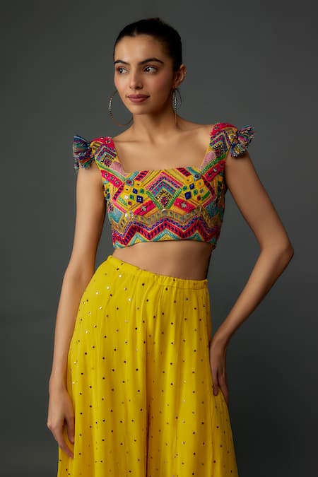 Payal Singhal_Yellow Georgette, Muslin Tassels, Mayan Bloom Embroidered Choli With Sharara _Online_at_Aza_Fashions