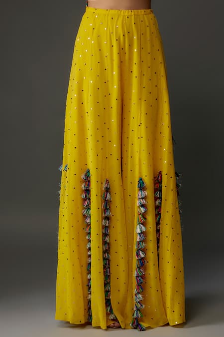 Buy_Payal Singhal_Yellow Georgette, Muslin Tassels, Mayan Bloom Embroidered Choli With Sharara _Online_at_Aza_Fashions