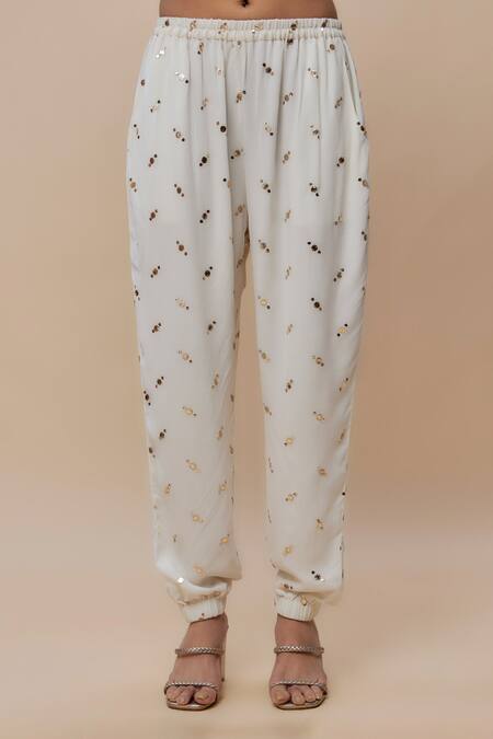 Buy_Payal Singhal_Off White Muslin, Georgette Tassels, 3d Floral High Low Kurta With Pant _Online_at_Aza_Fashions