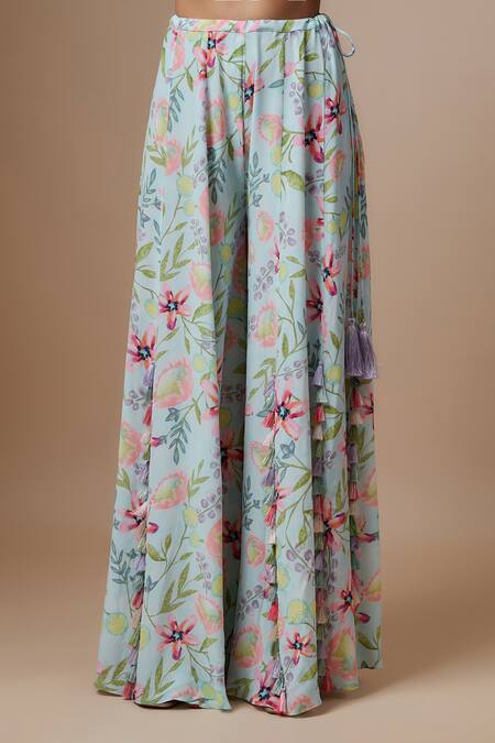 Payal Singhal Blue Crepe Tassels Round Neck Flora Dream Print Embellished Choli With Sharara Online at Aza Fashions Payal Singhal_Blue Crepe Tassels Round Neck Flora Dream Print Embellished Choli With Sharara_Online_at_Aza_Fashions