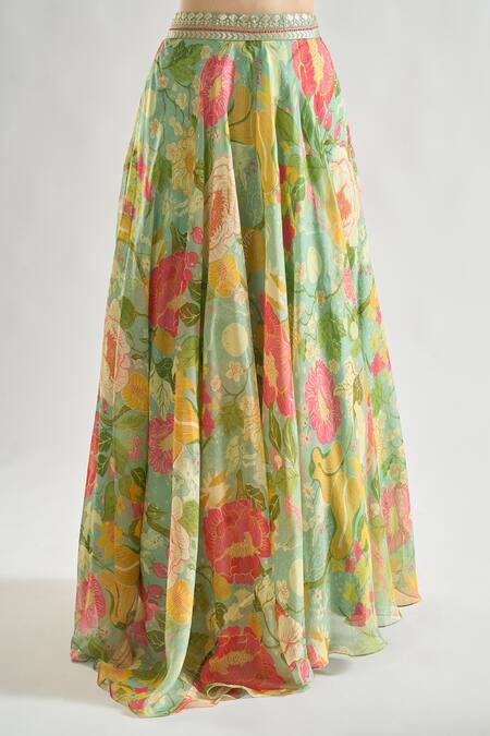 Gopi Vaid Green Chiffon, Organza Sequins, Zari Tejal Flower Print Lehenga And Blouse Set Online at Aza Fashions Gopi Vaid_Green Chiffon, Organza Sequins, Zari Tejal Flower Print Lehenga And Blouse Set _Online_at_Aza_Fashions