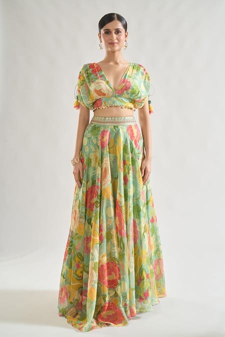 Buy Gopi Vaid Green Chiffon, Organza Sequins, Zari Tejal Flower Print Lehenga And Blouse Set Online at Aza Fashions Buy_Gopi Vaid_Green Chiffon, Organza Sequins, Zari Tejal Flower Print Lehenga And Blouse Set _Online_at_Aza_Fashions
