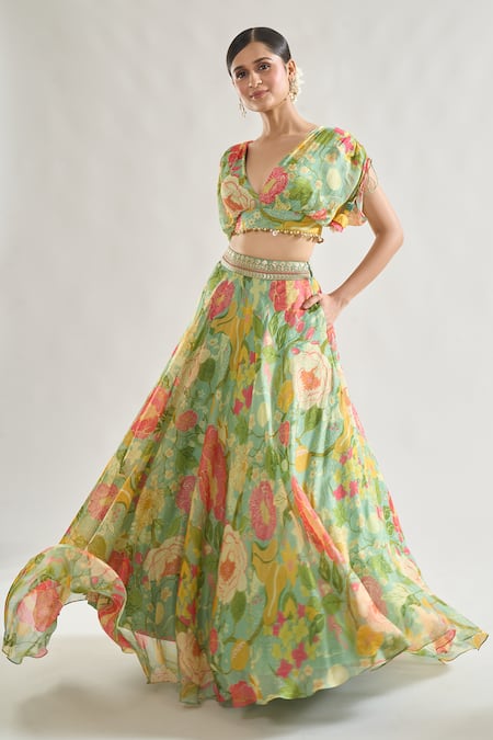Shop Gopi Vaid Green Chiffon, Organza Sequins, Zari Tejal Flower Print Lehenga And Blouse Set Online at Aza Fashions Shop_Gopi Vaid_Green Chiffon, Organza Sequins, Zari Tejal Flower Print Lehenga And Blouse Set _Online_at_Aza_Fashions