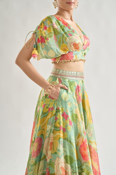 Gopi Vaid Green Chiffon, Organza Sequins, Zari Tejal Flower Print Lehenga And Blouse Set at Aza Fashions Gopi Vaid_Green Chiffon, Organza Sequins, Zari Tejal Flower Print Lehenga And Blouse Set _at_Aza_Fashions