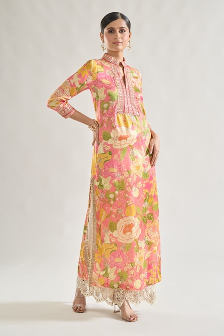 Gopi Vaid_Pink Satin, Cotton Sequins, Embroidery, Arya Garden Print Tunic And Palazzo Set _at_Aza_Fashions