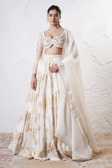 Shwetanga Ivory Organza Foil Printed Sequin Sweetheart Circular Lehenga Set 