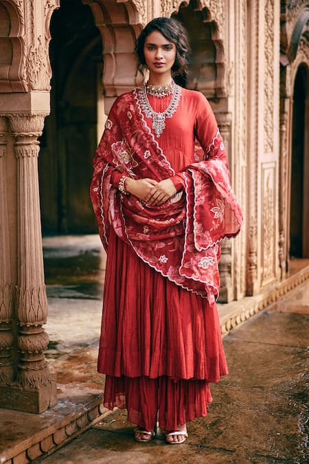 Paulmi and Harsh Red Anarkali And Skirt Malai Chanderi Print Birds Round Neck Forty Kali Set 