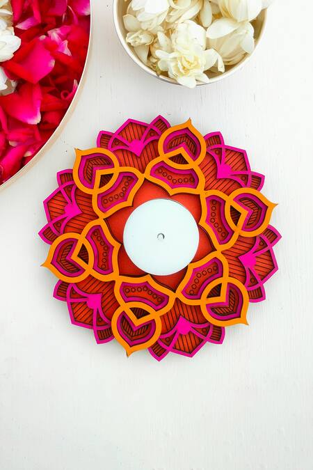 Shop Label Sneha Multi Color Fibre Board Flower Shaped Diyas - Set Of 4 at Aza Fashions Shop_Label Sneha_Multi Color Fibre Board Flower Shaped Diyas - Set Of 4_at_Aza_Fashions