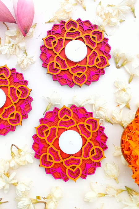 Label Sneha Multi Color Fibre Board Flower Shaped Diyas - Set Of 4 Online at Aza Fashions Label Sneha_Multi Color Fibre Board Flower Shaped Diyas - Set Of 4_Online_at_Aza_Fashions