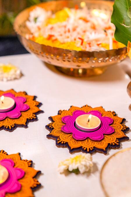 Label Sneha_Multi Color Fibre Board Flower Cutwork Shaped Diyas - Set Of 4_Online_at_Aza_Fashions
