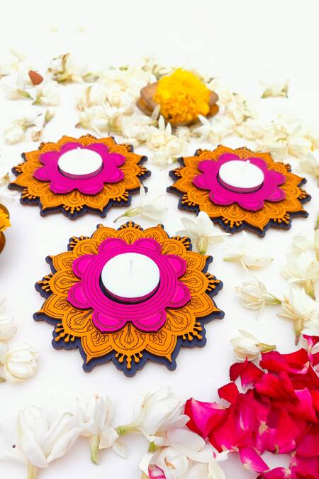 Buy_Label Sneha_Multi Color Fibre Board Flower Cutwork Shaped Diyas - Set Of 4_Online_at_Aza_Fashions