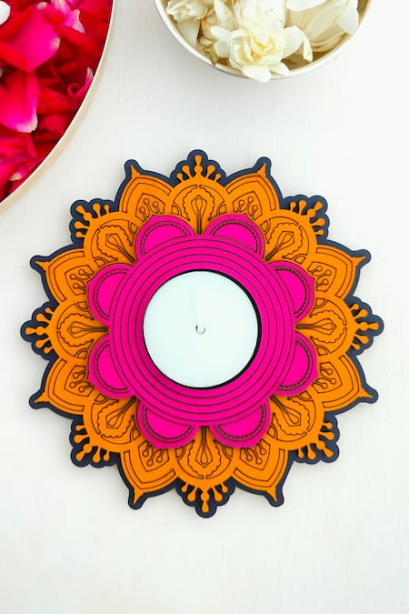 Shop_Label Sneha_Multi Color Fibre Board Flower Cutwork Shaped Diyas - Set Of 4_Online_at_Aza_Fashions