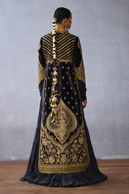 Shop_Torani_Black Muslin, Silk Zari, Bhadra Vamika Zardozi Embroidered Jacket With Anarkali _at_Aza_Fashions