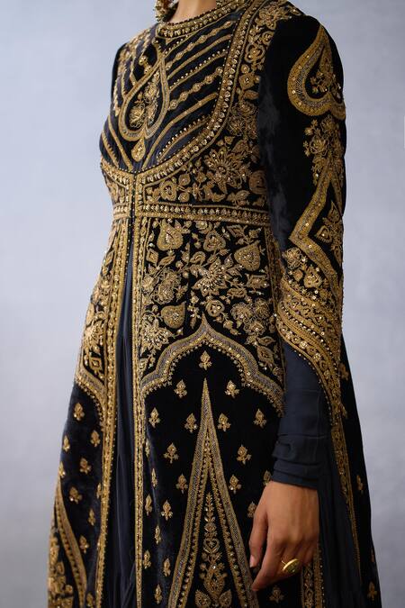 Torani_Black Muslin, Silk Zari, Bhadra Vamika Zardozi Embroidered Jacket With Anarkali _Online_at_Aza_Fashions