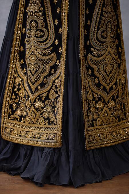 Shop_Torani_Black Muslin, Silk Zari, Bhadra Vamika Zardozi Embroidered Jacket With Anarkali _Online_at_Aza_Fashions
