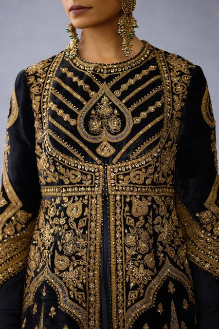 Torani_Black Muslin, Silk Zari, Bhadra Vamika Zardozi Embroidered Jacket With Anarkali _at_Aza_Fashions