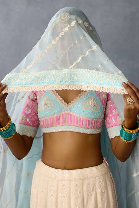 Torani Ivory Organza, Net, Jersey Sequins, Kumuda Birajini Threadwork Lehenga Set at Aza Fashions Torani_Ivory Organza, Net, Jersey Sequins, Kumuda Birajini Threadwork Lehenga Set _at_Aza_Fashions