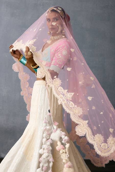 Shop Torani Ivory Organza, Net, Jersey Sequins, Kumuda Birajini Threadwork Lehenga Set Shop_Torani_Ivory Organza, Net, Jersey Sequins, Kumuda Birajini Threadwork Lehenga Set