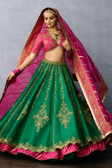 Torani Green Jeni Silk Embroidery Zardozi V Neck Mayuri Srisa Bridal Lehenga Set 