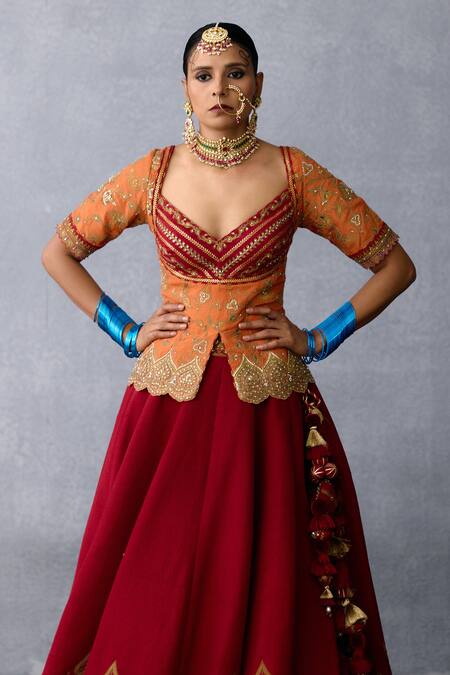 Torani Red Organza, Net Sequins, Saroj Shreeja Bridal Peplum Blouse Lehenga Set Online at Aza Fashions Torani_Red Organza, Net Sequins, Saroj Shreeja Bridal Peplum Blouse Lehenga Set _Online_at_Aza_Fashions