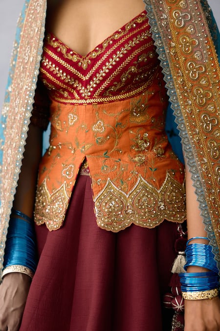 Shop Torani Red Organza, Net Sequins, Saroj Shreeja Bridal Peplum Blouse Lehenga Set Online at Aza Fashions Shop_Torani_Red Organza, Net Sequins, Saroj Shreeja Bridal Peplum Blouse Lehenga Set _Online_at_Aza_Fashions