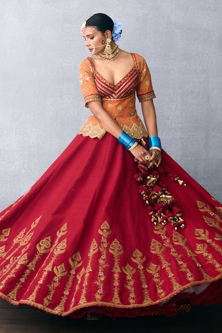 Torani Red Organza, Net Sequins, Saroj Shreeja Bridal Peplum Blouse Lehenga Set at Aza Fashions Torani_Red Organza, Net Sequins, Saroj Shreeja Bridal Peplum Blouse Lehenga Set _at_Aza_Fashions